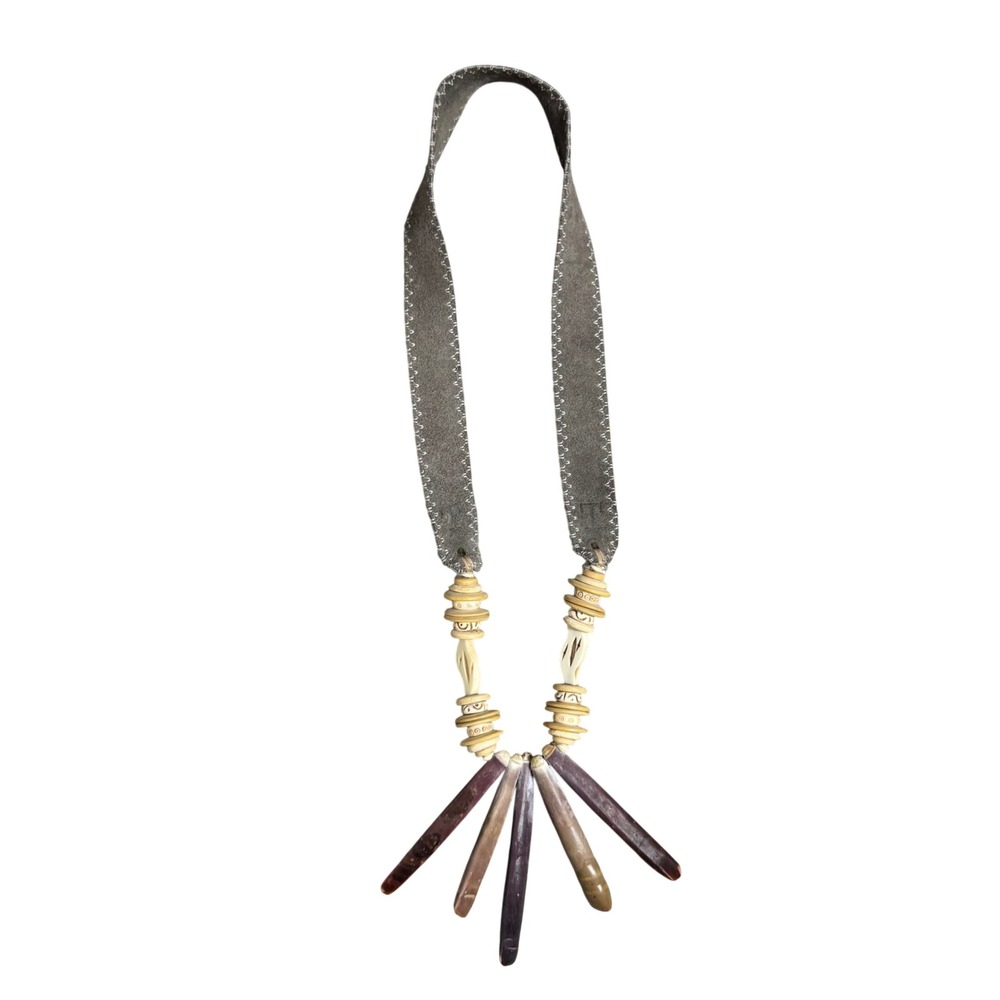 Twine & Twig Sea Urchin Spine Statement Necklace Bone Wood Suede Gray Purple